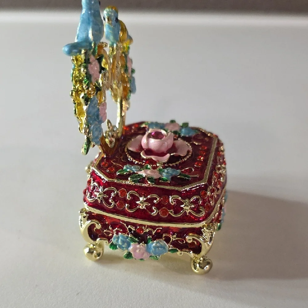 Elegant Red Enamel and Crystal Bird Trinket Box NWT